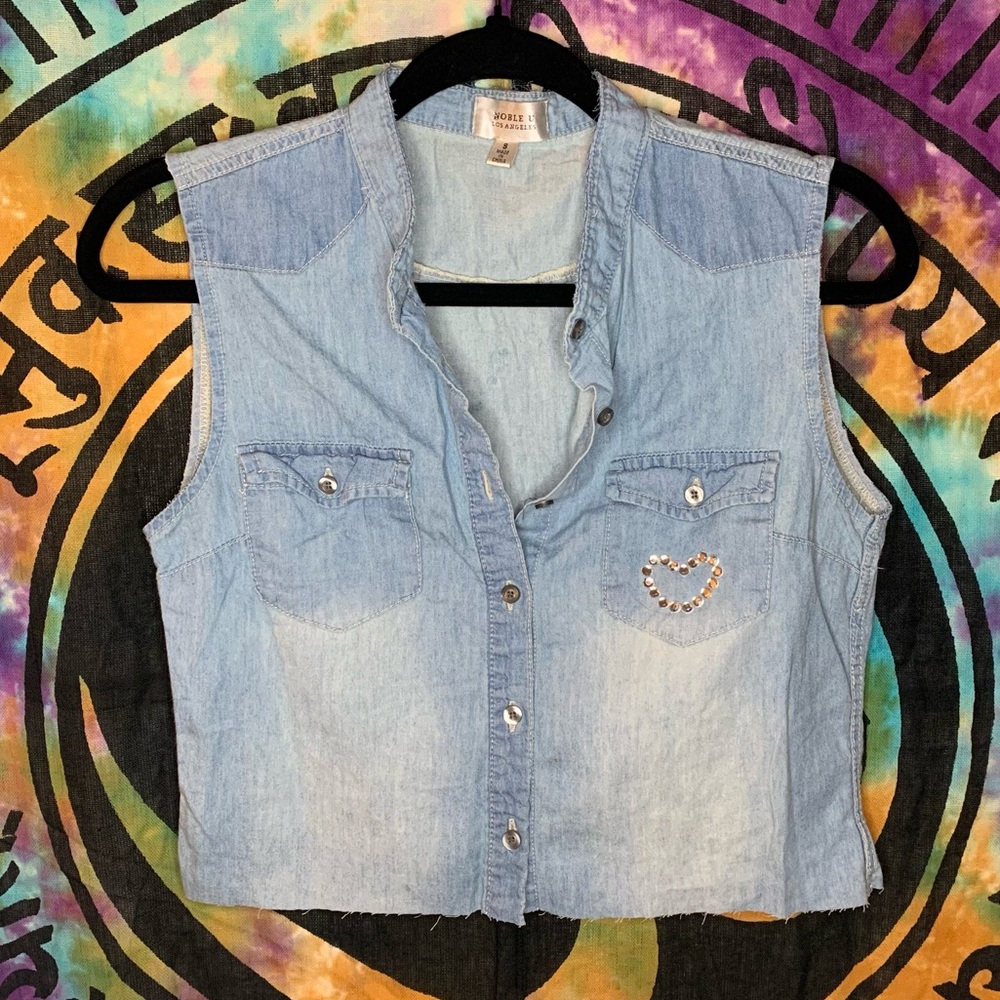 Disco “DIVA” Denim Cropped Vest Size S Blue/Silver Up-cycled by Rainbow Soul